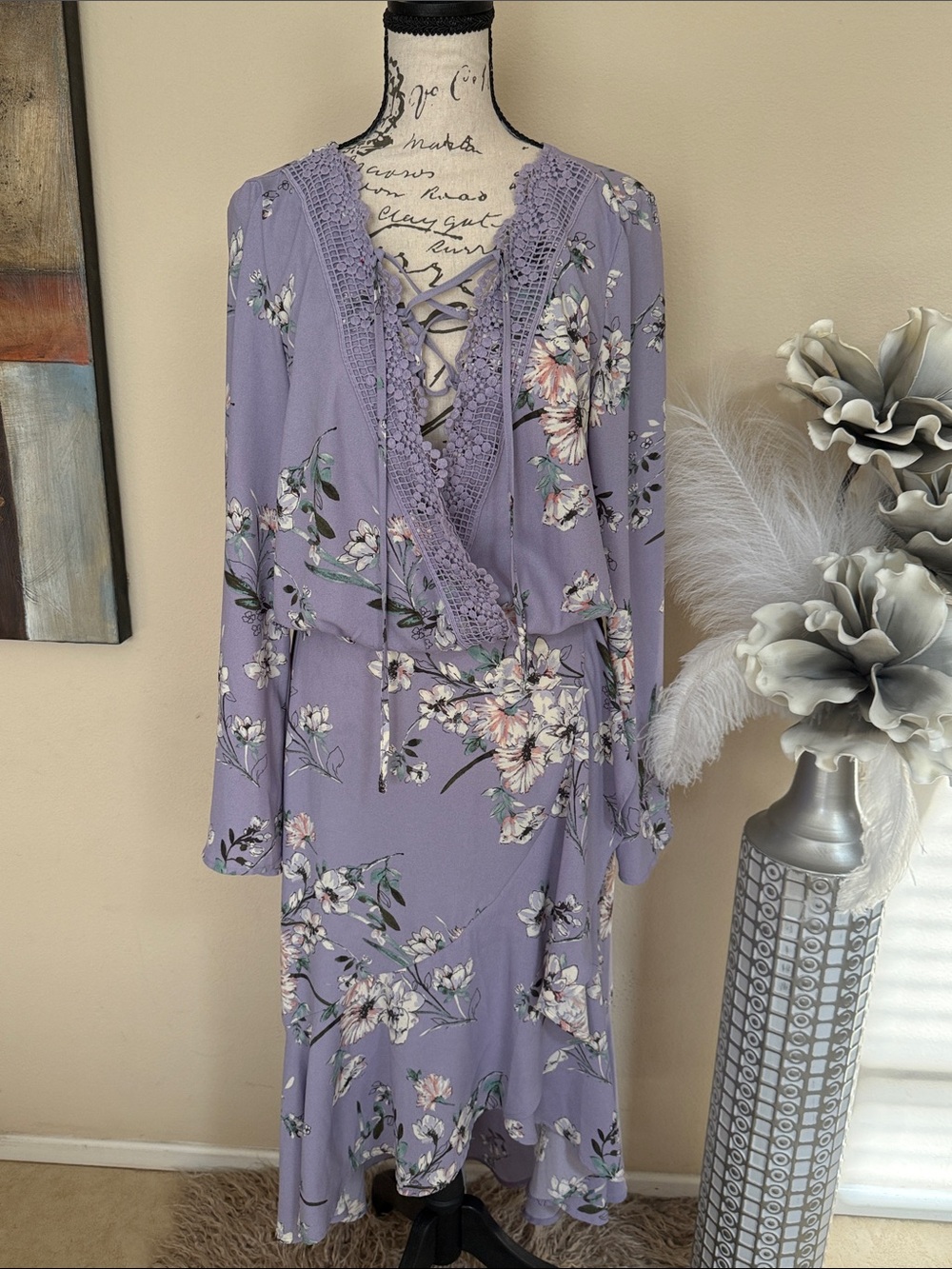 Lavender Floral Lace-Trim Wrap Dress